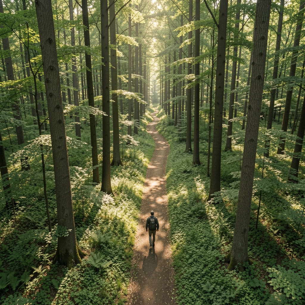 Aerial view of a person walking through a green forest trail surrounded by tall trees with dappled sunlight and a sense of quiet solitude and natural environment