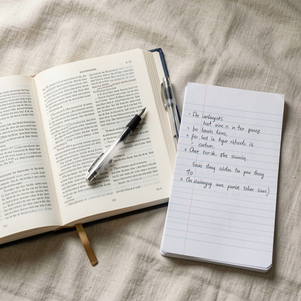Open dictionary on a pale linen surface with a mechanical pencil and handwritten notes on a ruled paper pad beside it representing language study and terminology