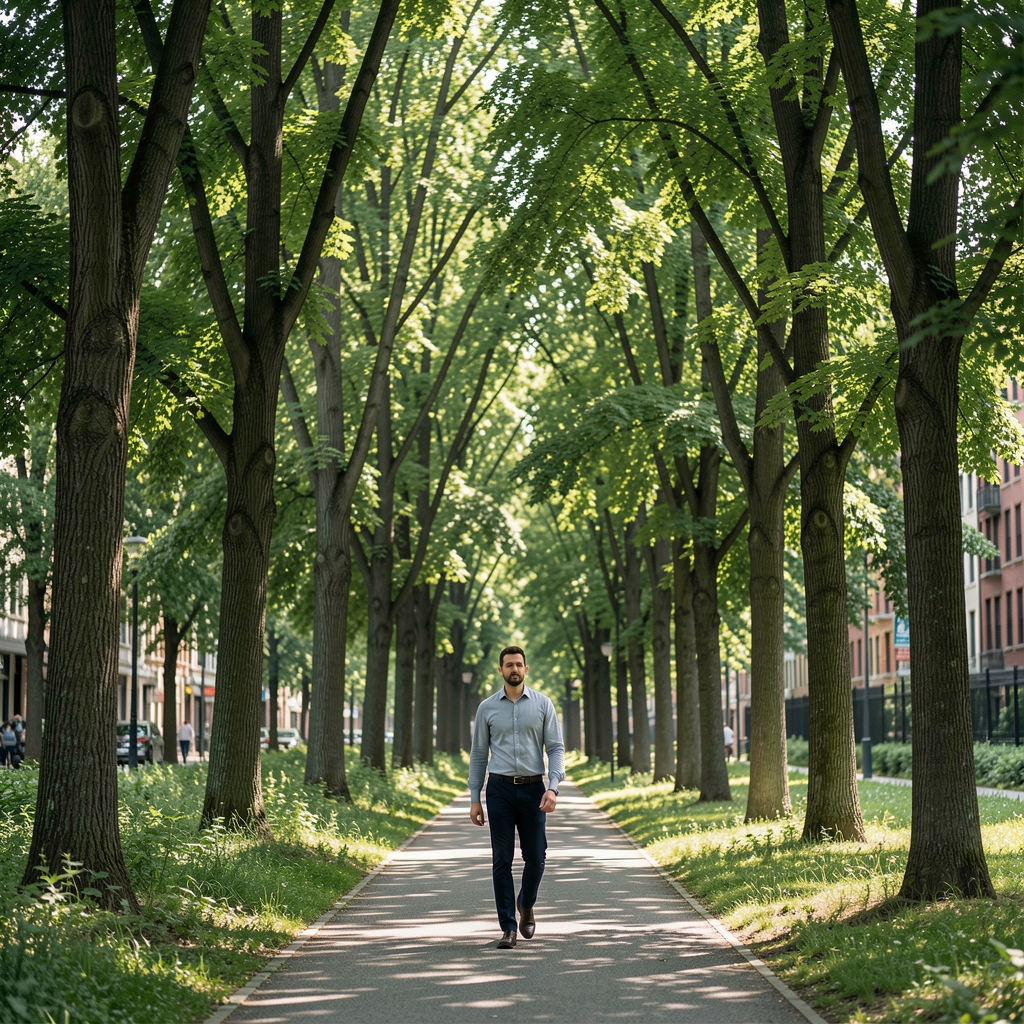 Urban green space with a man walking alone on a shaded path through tall trees, soft dappled light filtering through the canopy overhead