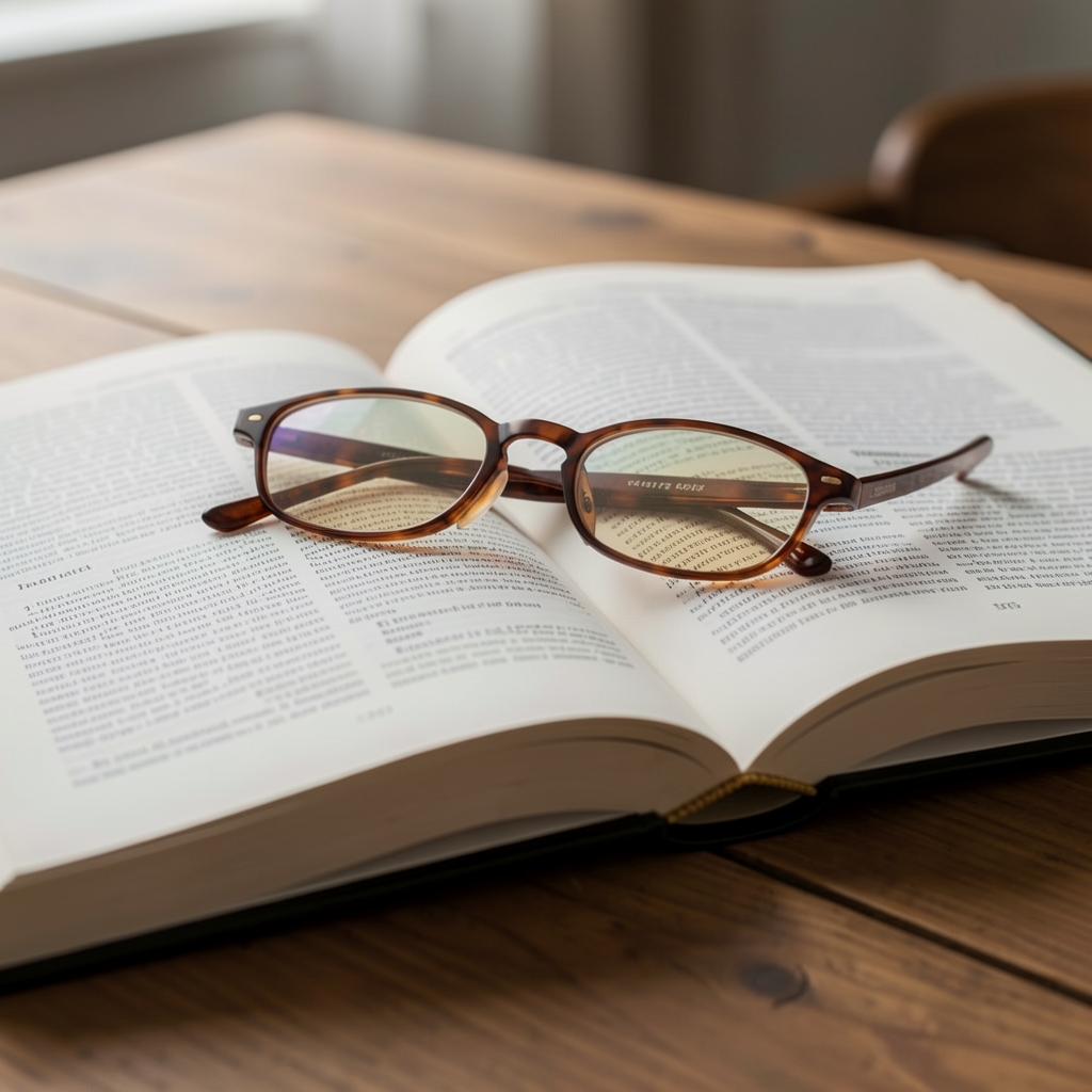Close-up of an open book spread on a wooden table with reading glasses resting on the page, representing careful study and critical review of information